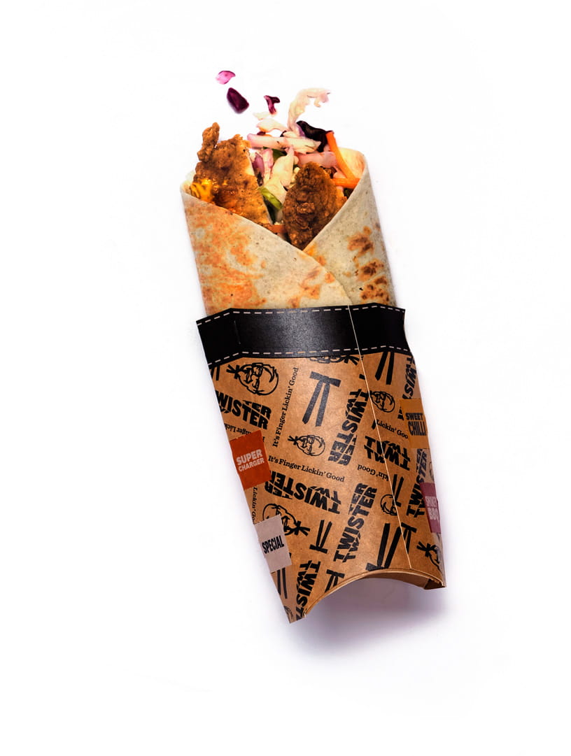 An image of a KFC Chicken Wrap. If you have entered your name in the personalisation field then the packaging will have your name printed on it.