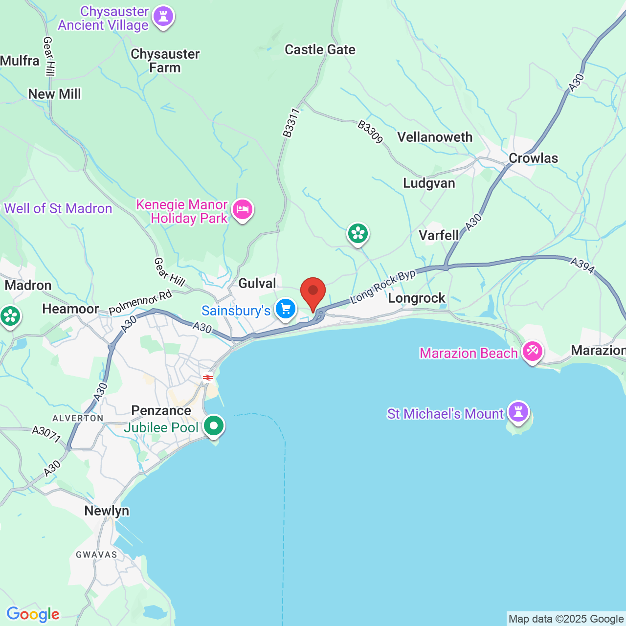 Map showing location of Penzance, United Kingdom, TR18 3RG