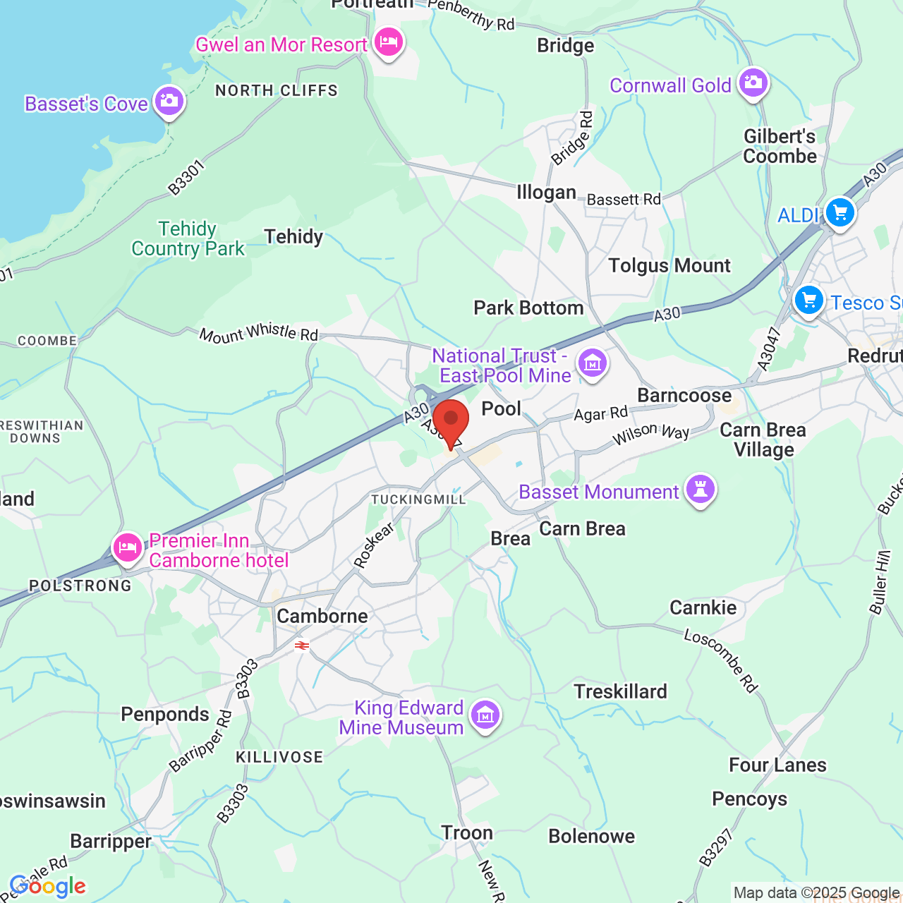 Map showing location of Gas Lane, Tuckingmill, United Kingdom, TR14 0BJ