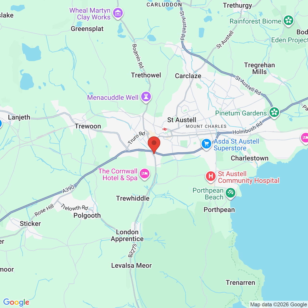 Map showing location of Pentewan Road, St Austell, United Kingdom, PL25 5BU
