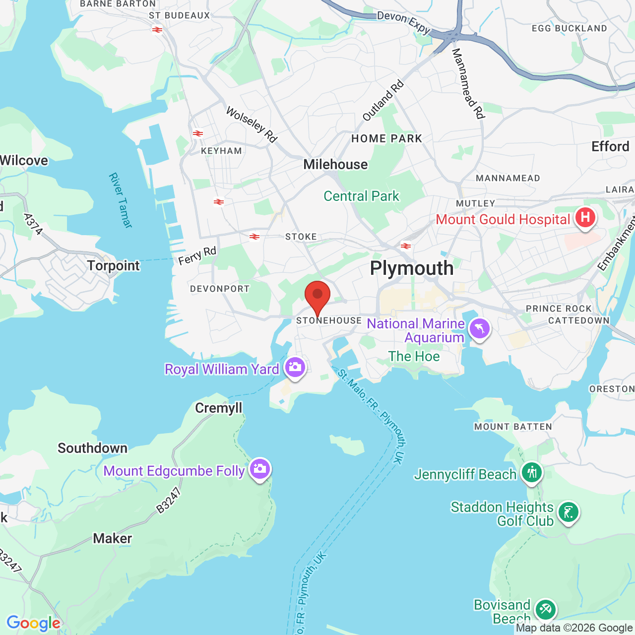 Map showing location of South West , Plymouth, United Kingdom,  PL1