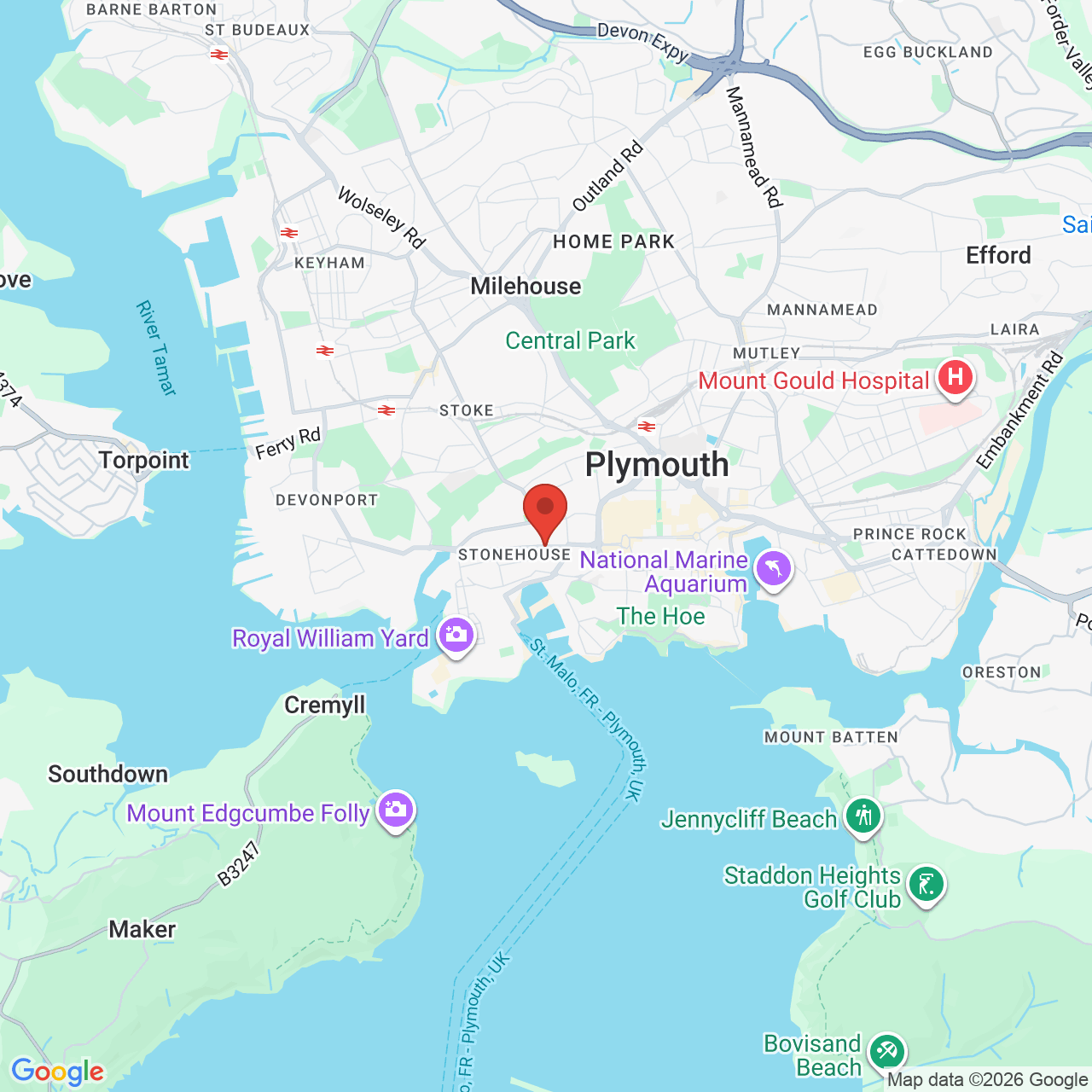Map showing location of Union Street, Plymouth, United Kingdom, PL1 1TE