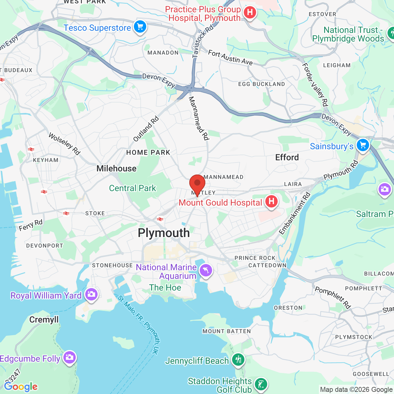 Map showing location of 33, Mutley Plain, Plymouth, United Kingdom, PL4 6JG