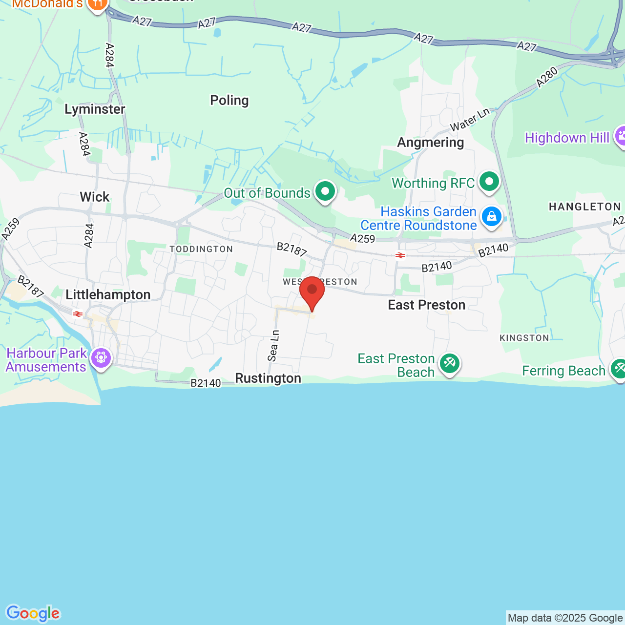 Map showing location of Rustington, United Kingdom, BN16 2NE