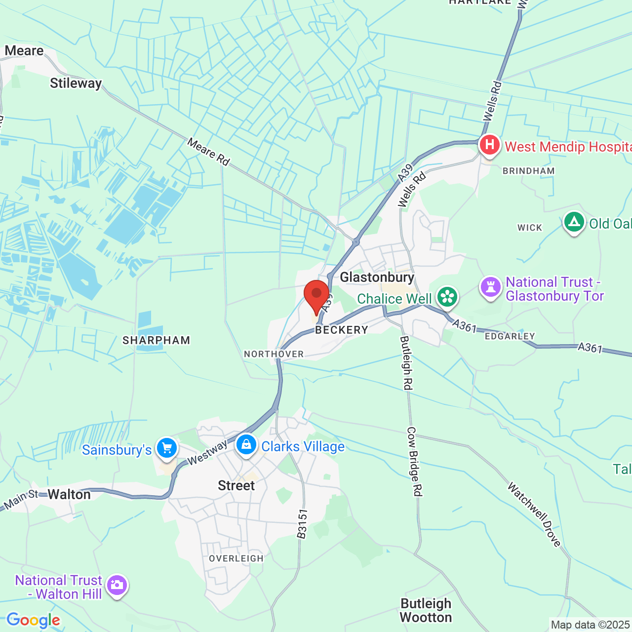 Map showing location of Glastonbury, United Kingdom, BA6 9XE