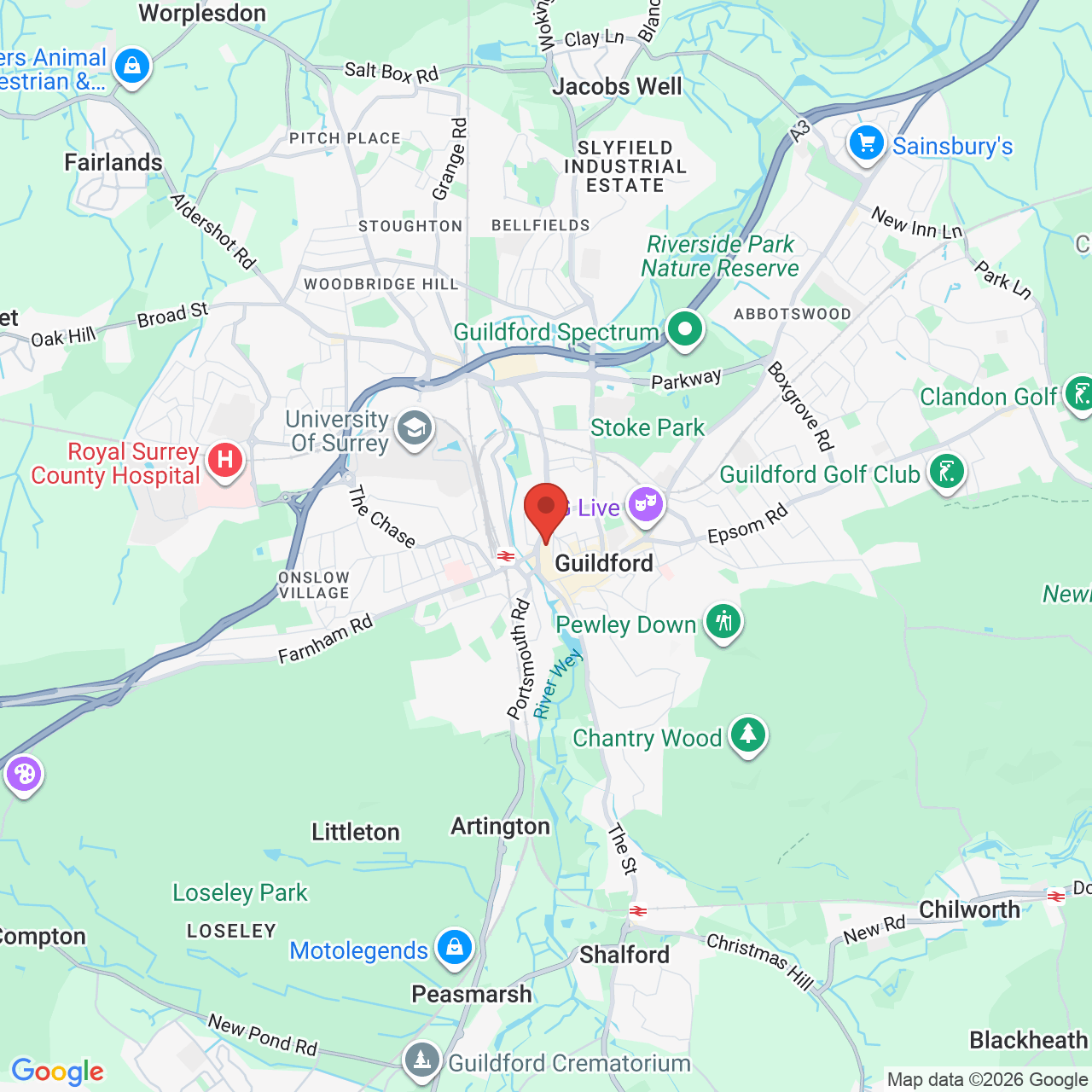 Map showing location of Guildford, United Kingdom, GU1 4YT