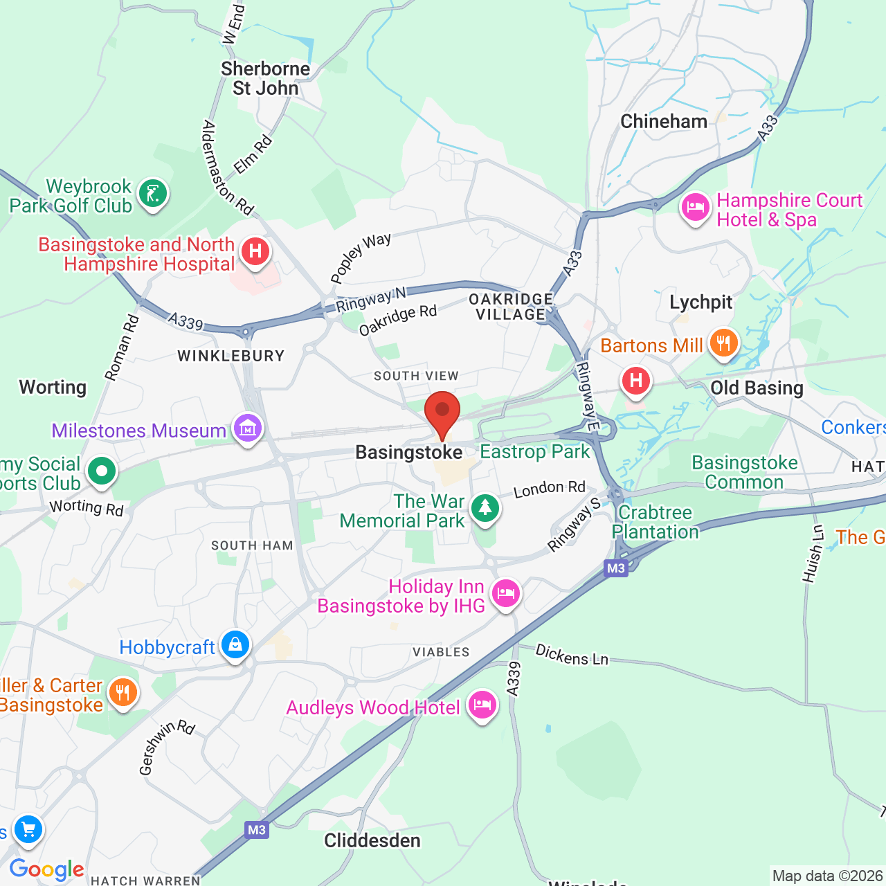 Map showing location of Basingstoke, United Kingdom, RG21 7QU