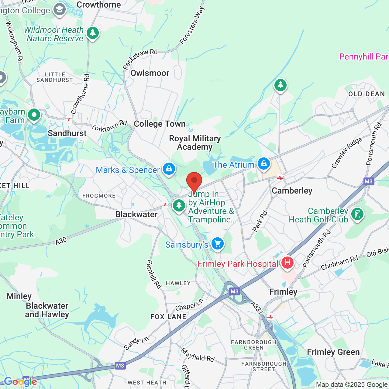 Map showing location of Yorktown Way, York Town, United Kingdom, GU15 3JE