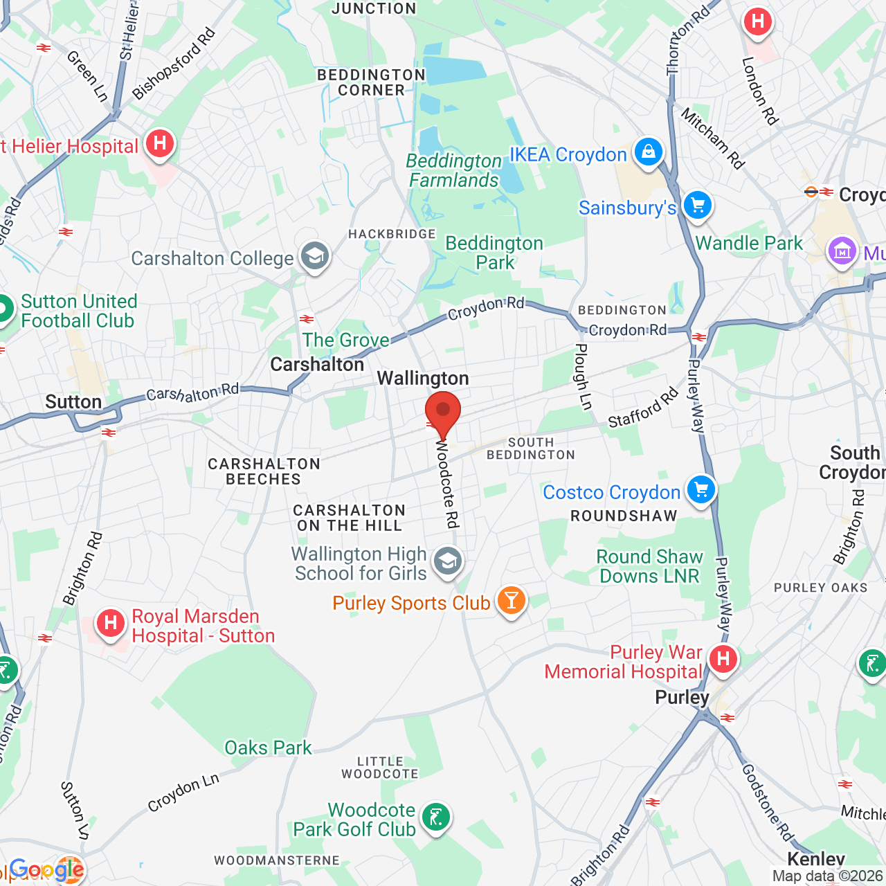 Map showing location of 43, Woodcote Road, Wallington, United Kingdom, SM6 0LR