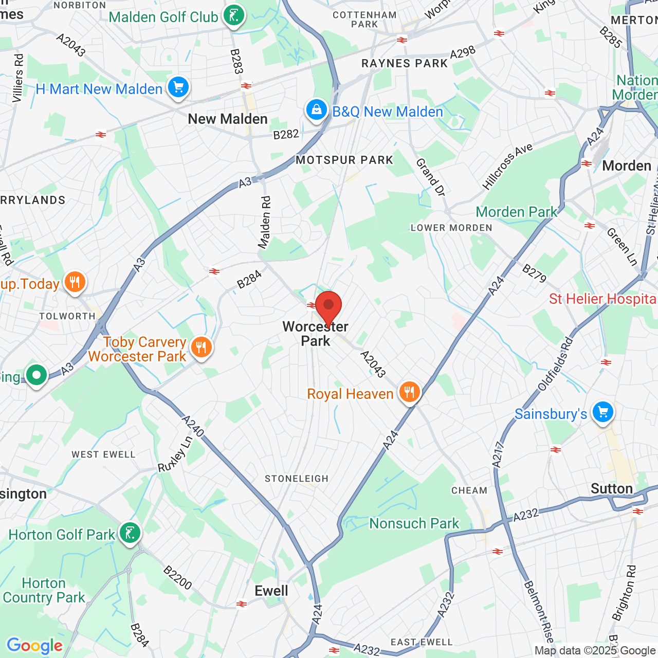 Map showing location of Central Road, Worcester Park, United Kingdom, KT4 8DU