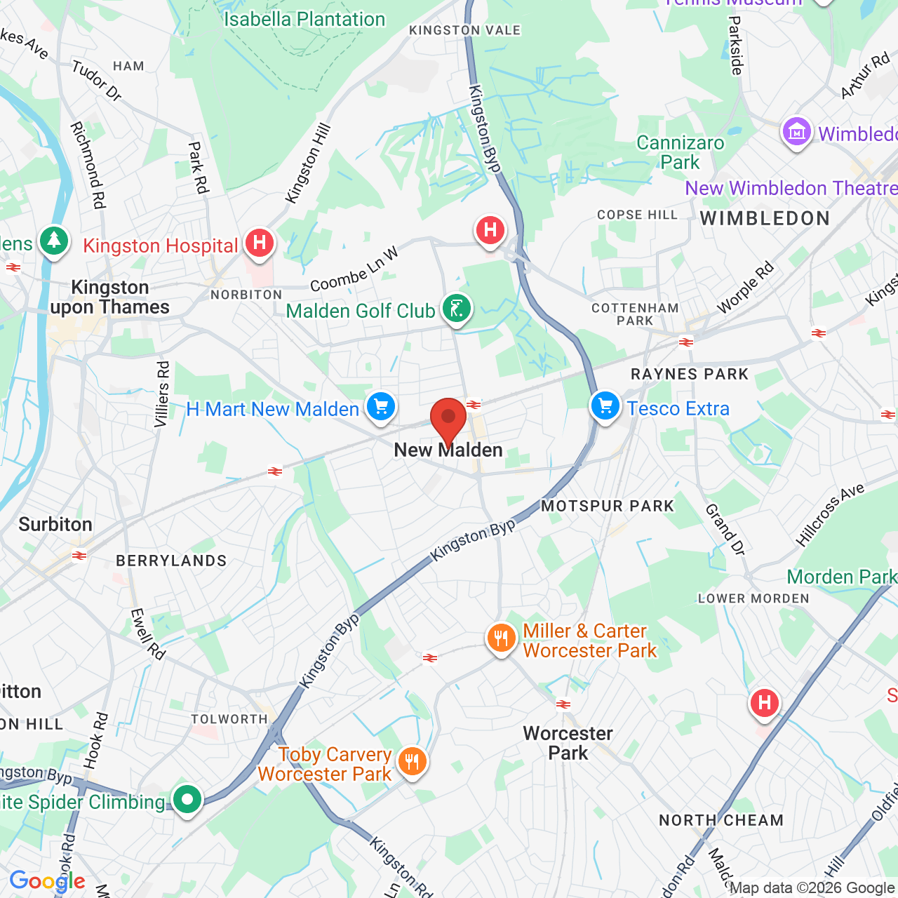 Map showing location of New Malden, United Kingdom, KT3