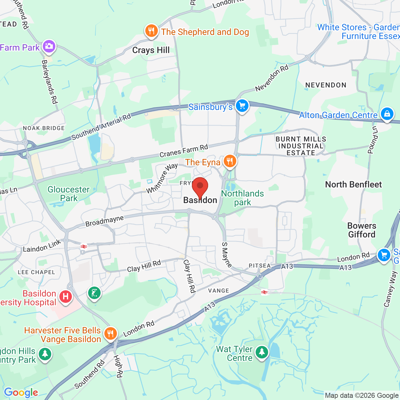 Map showing location of Food terrace 2, eastgate shopping centre, Basildon, United Kingdom, SS14 1EB