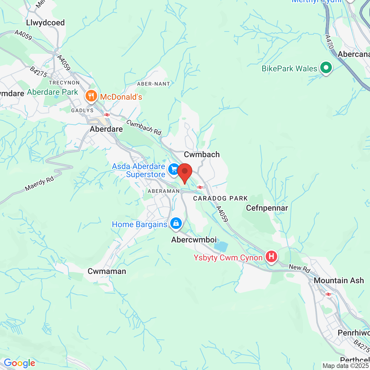 Map showing location of Tirfounder Fields, Aberdare, United Kingdom, CF44 0AH