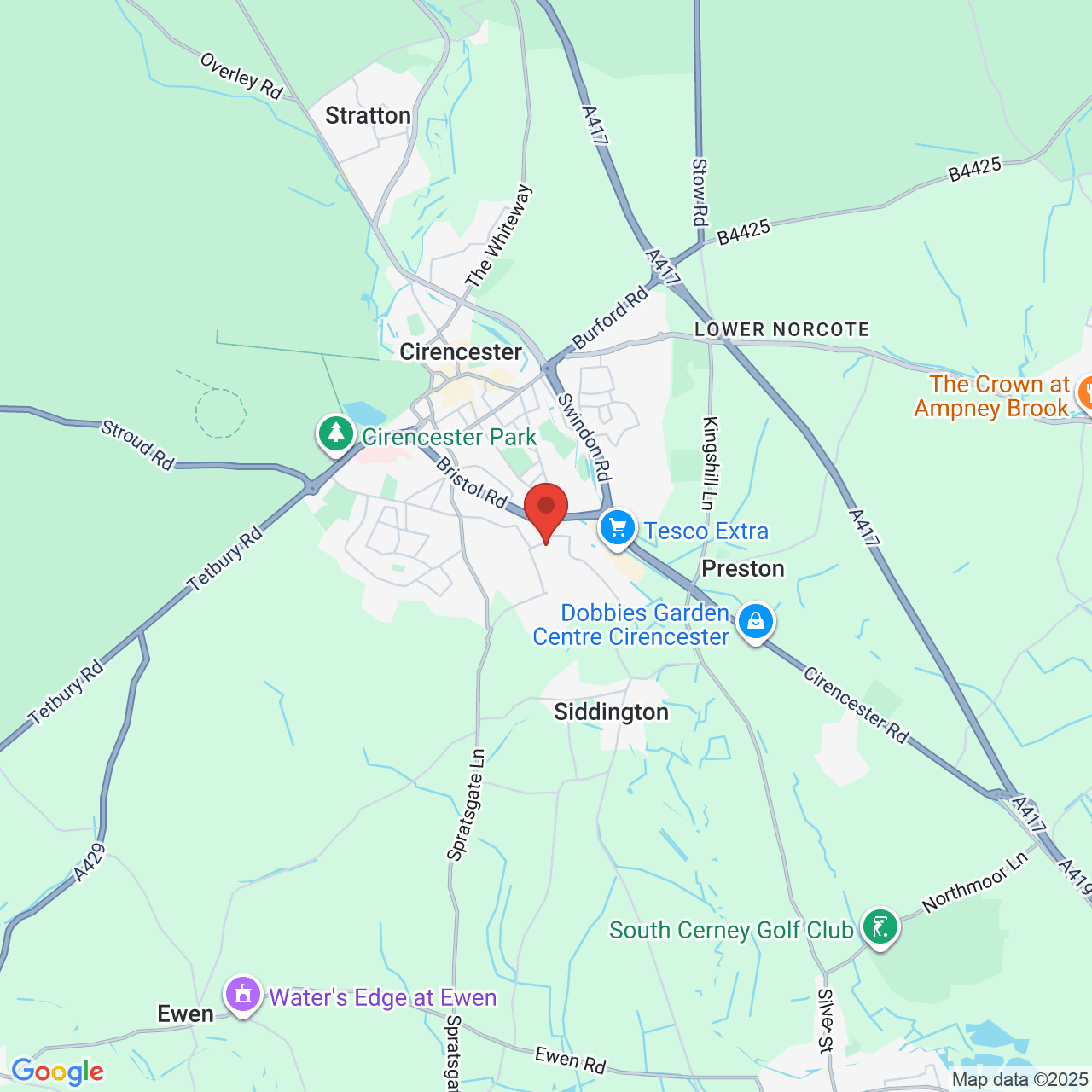 Map showing location of Bridge Road, Cirencester, United Kingdom, GL7 1PT