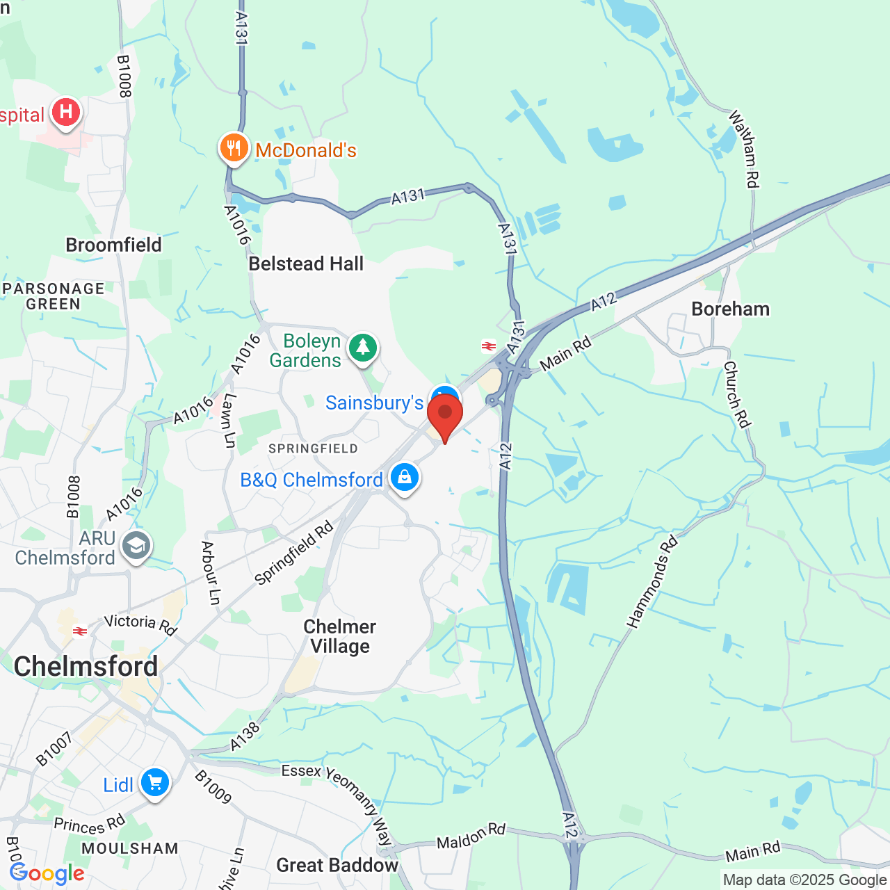 Map showing location of Colchester Road, Springfield, United Kingdom, CM2 5PG