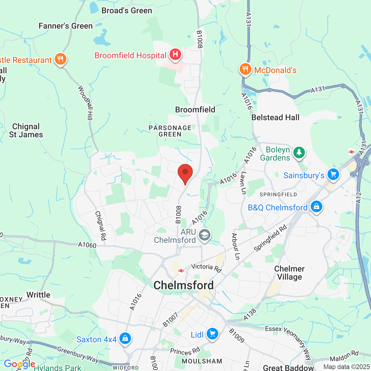 Map showing location of Broomfield Road, Chelmsford, United Kingdom, CM1 4DP