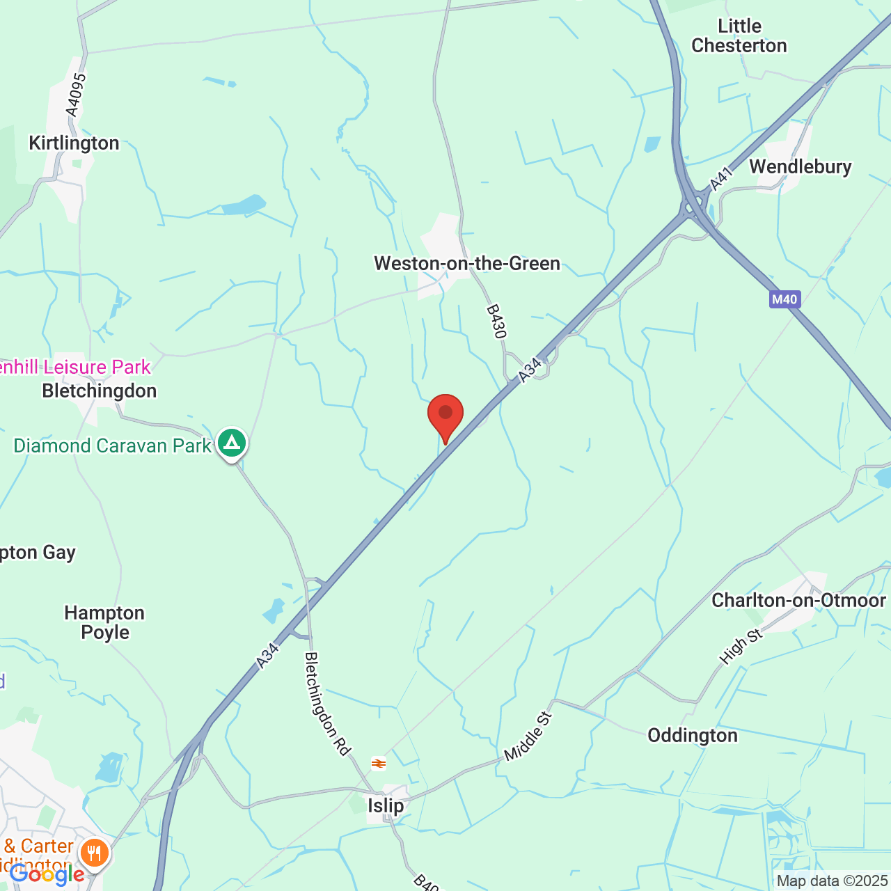 Map showing location of A34, Weston-on-the-Green, United Kingdom, OX25 3QQ