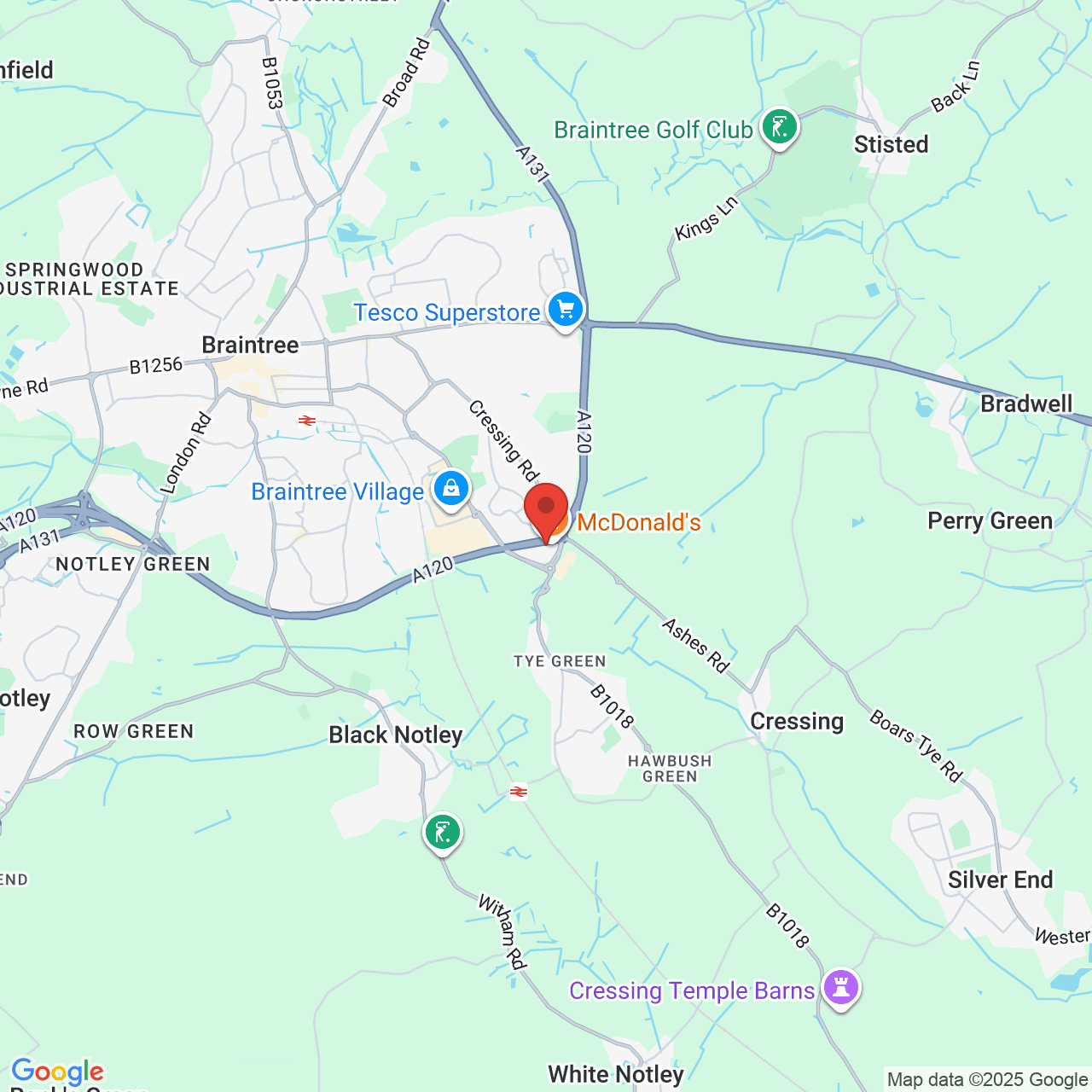 Map showing location of Braintree Road, Cressing, United Kingdom, CM77 8GA