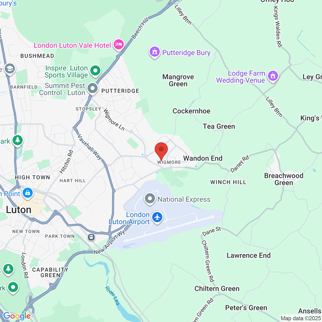 Map showing location of Wigmore Lane, Luton, United Kingdom, LU2 9XG