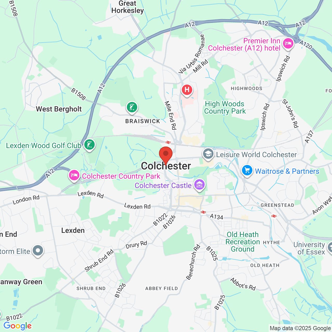 Map showing location of KFC Colchester, Retail Park, Sheepen Road, Colchester, United Kingdom, CO3 3GT