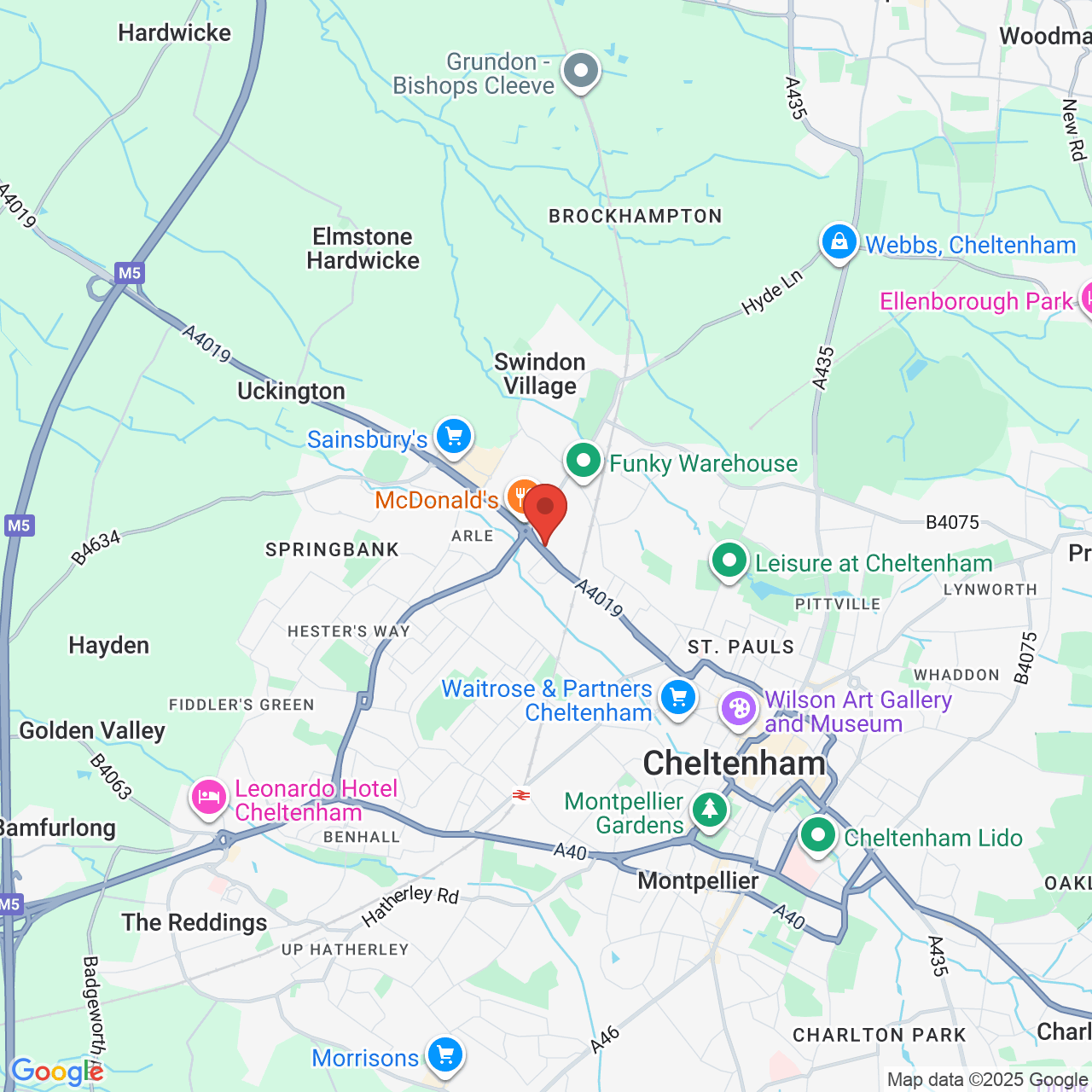 Map showing location of Cheltenham, United Kingdom, GL51 9DT