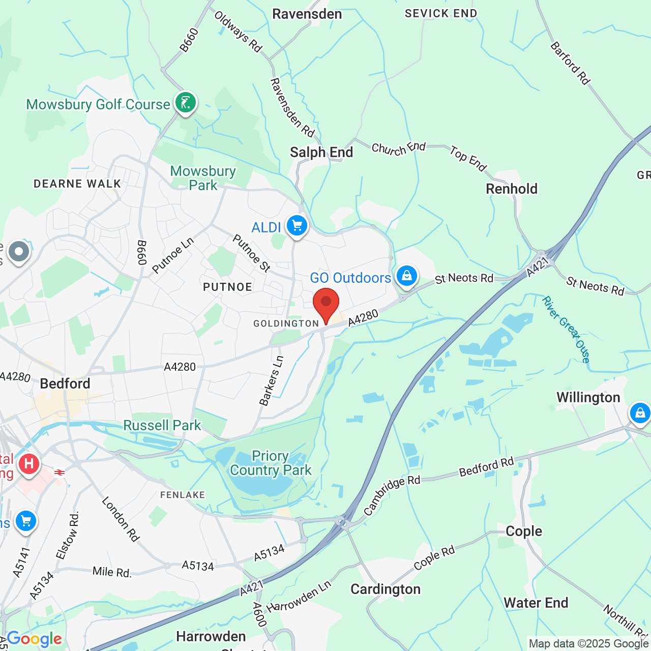 Map showing location of 498 Goldington Road, Bedford, United Kingdom, MK410DX