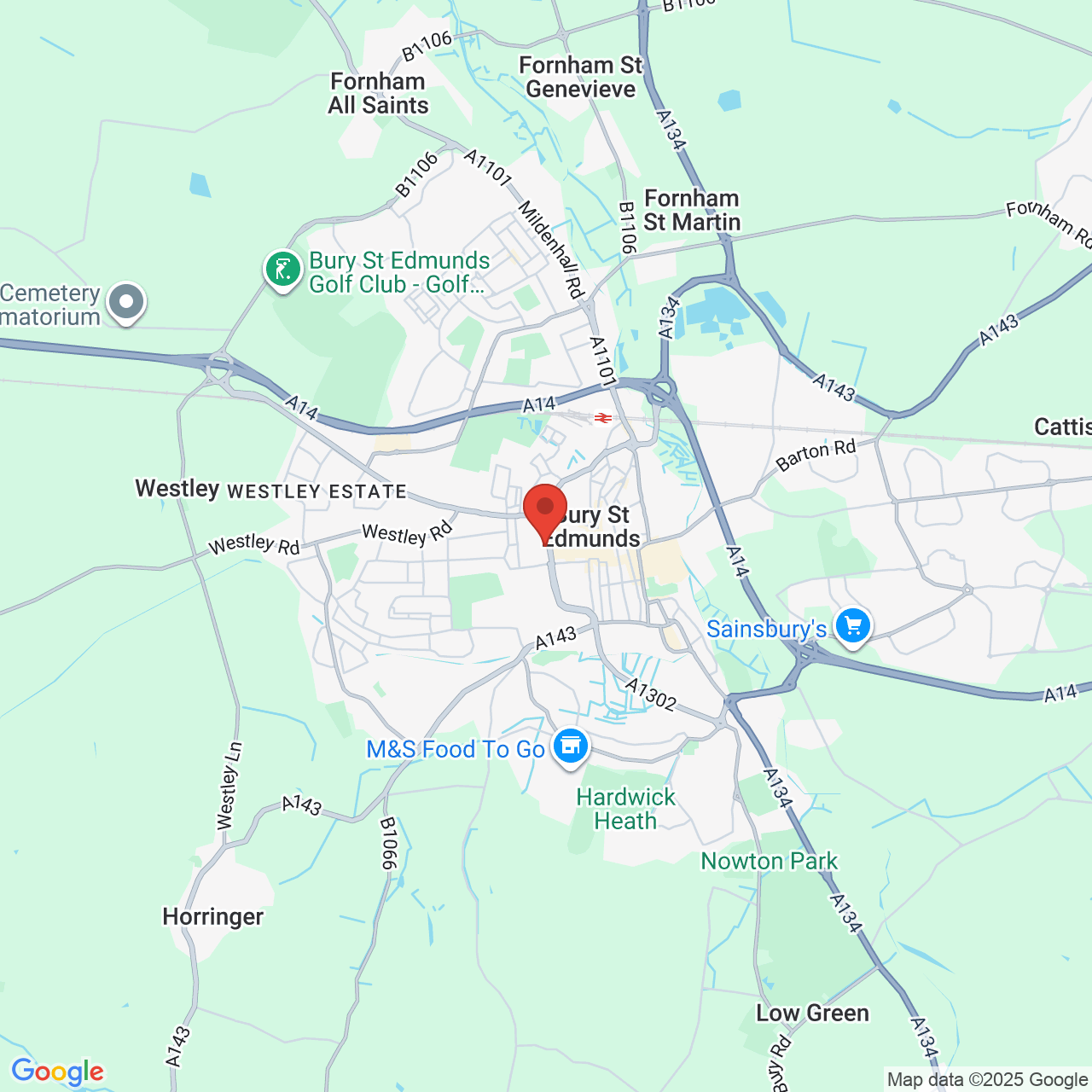 Map showing location of Bury Saint Edmunds, United Kingdom, IP33 3BA