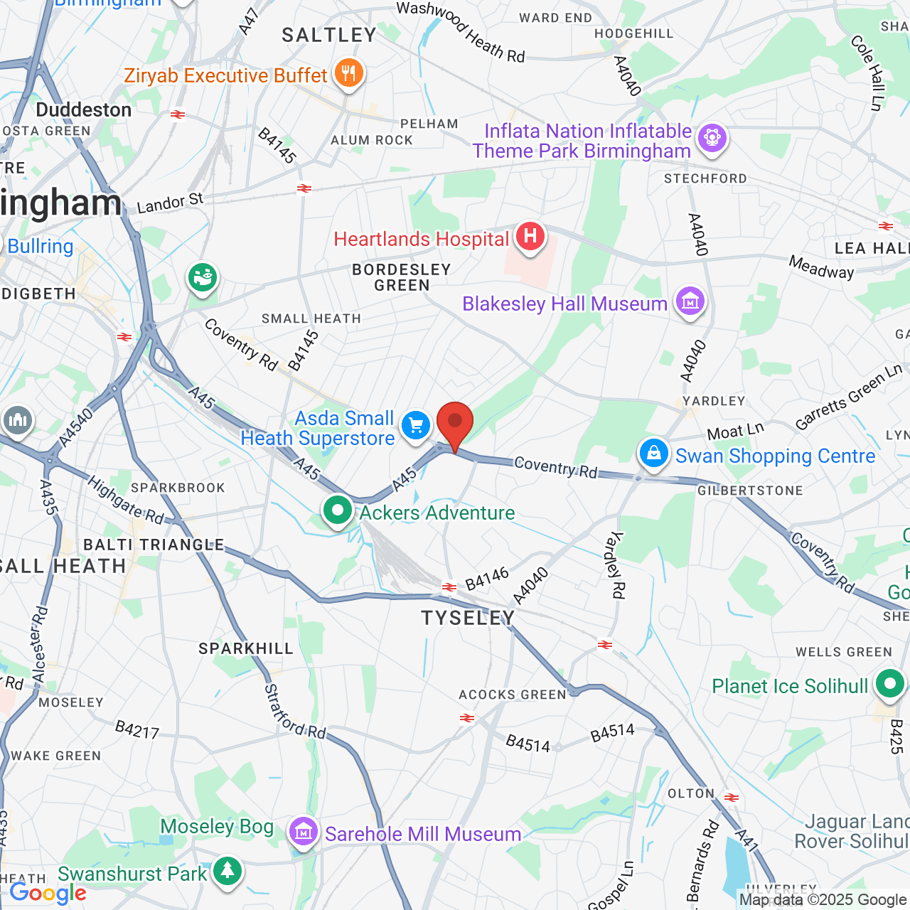 Map showing location of A45, Coventry Road, Birmingham, United Kingdom, B25 8DL