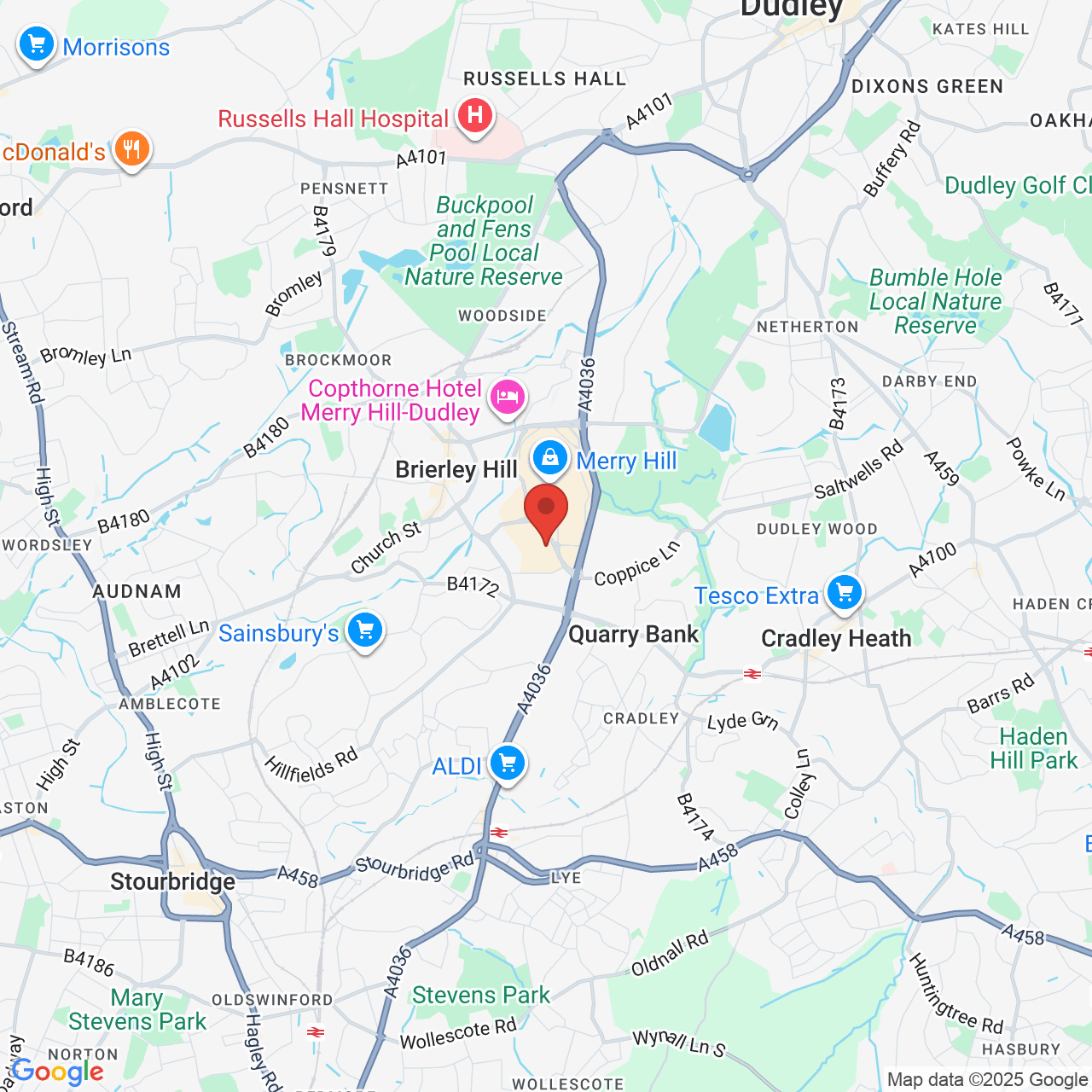 Map showing location of Merry Hill, Brierley Hill, United Kingdom, DY5 1SY