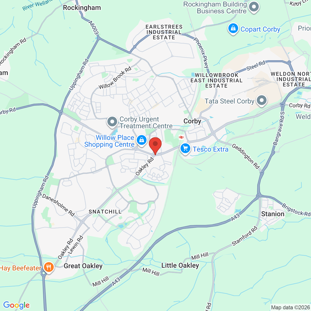 Map showing location of Oakley Road, Corby, United Kingdom, NN18 8AR