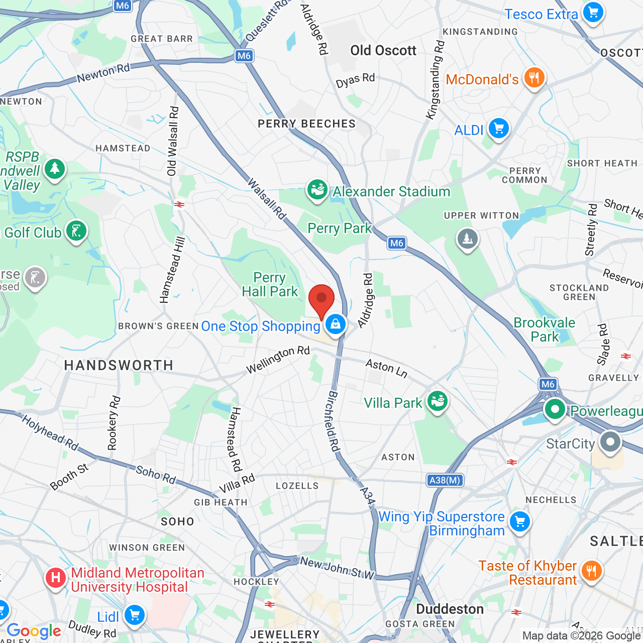 Map showing location of Walsall Road, Birmingham, United Kingdom, B42 1AA