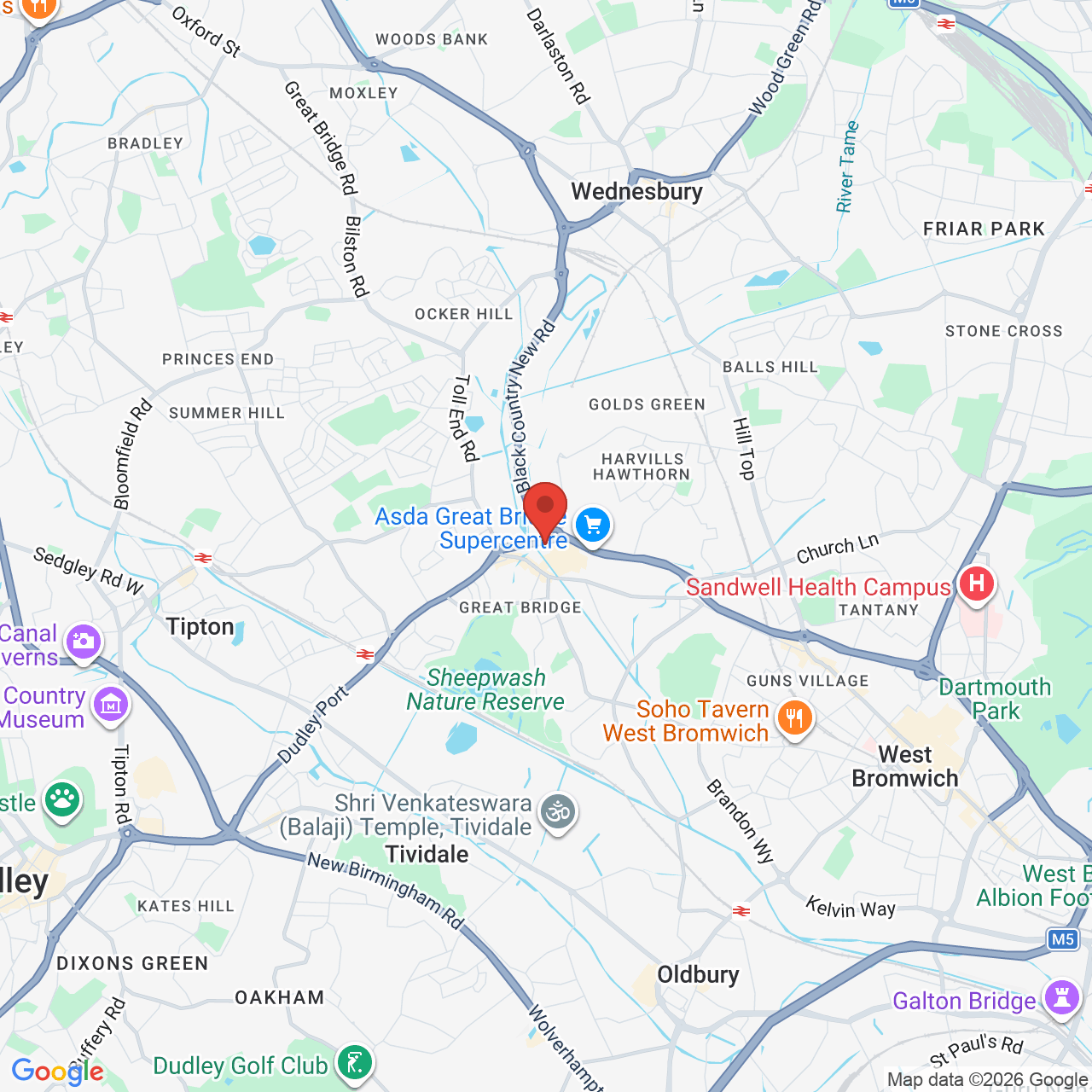 Map showing location of Great Bridge, West Bromwich, United Kingdom, DY4 7HJ