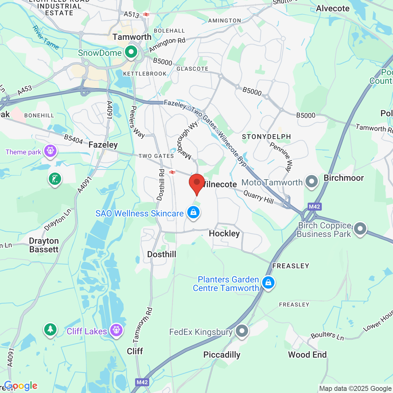 Map showing location of KFC  Unit G,  Tame Retail & Trade Park,  Ninian Way, Tamworth, United Kingdom, B77 5GZ