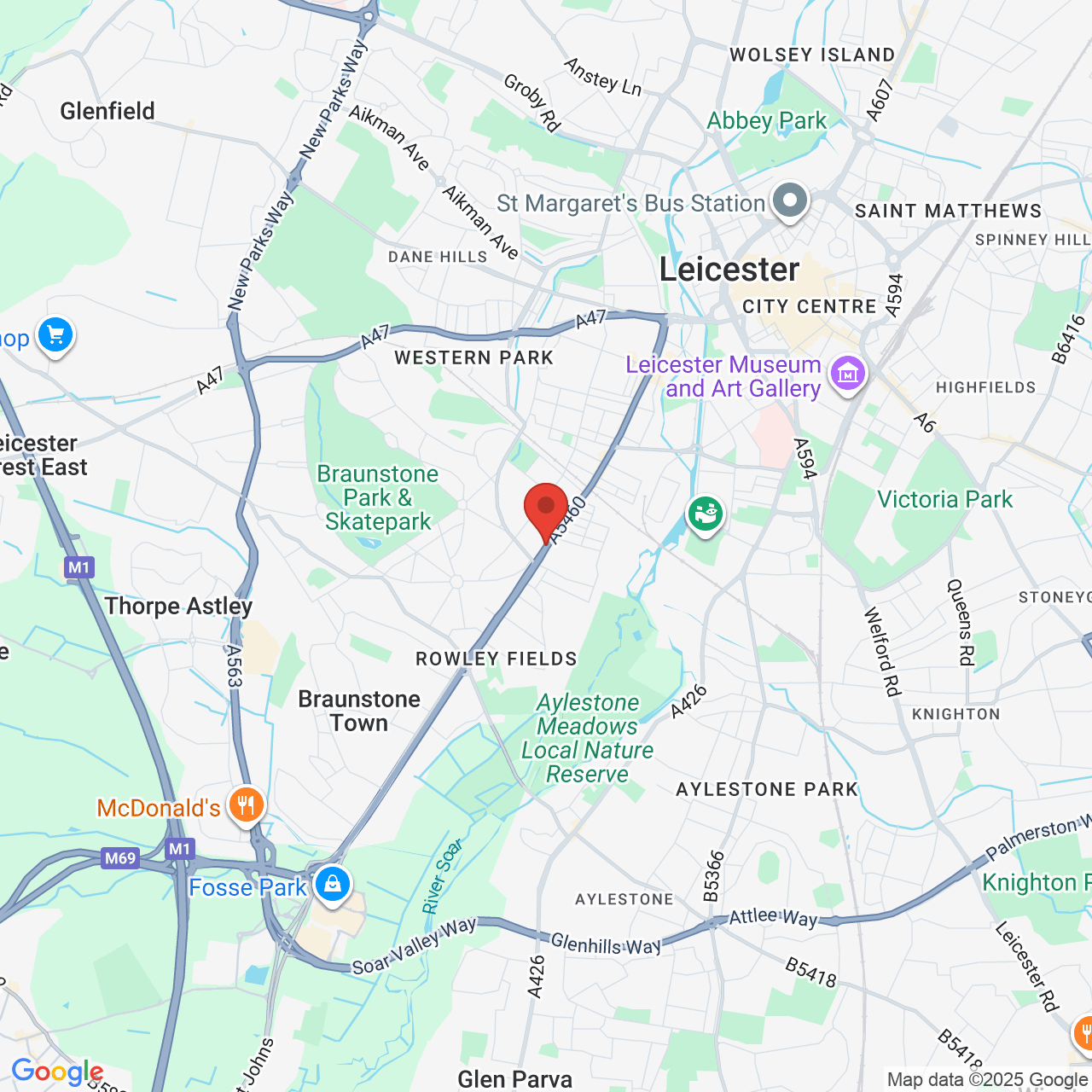 Map showing location of Narborough Road, Leicester, United Kingdom, LE3 2RB