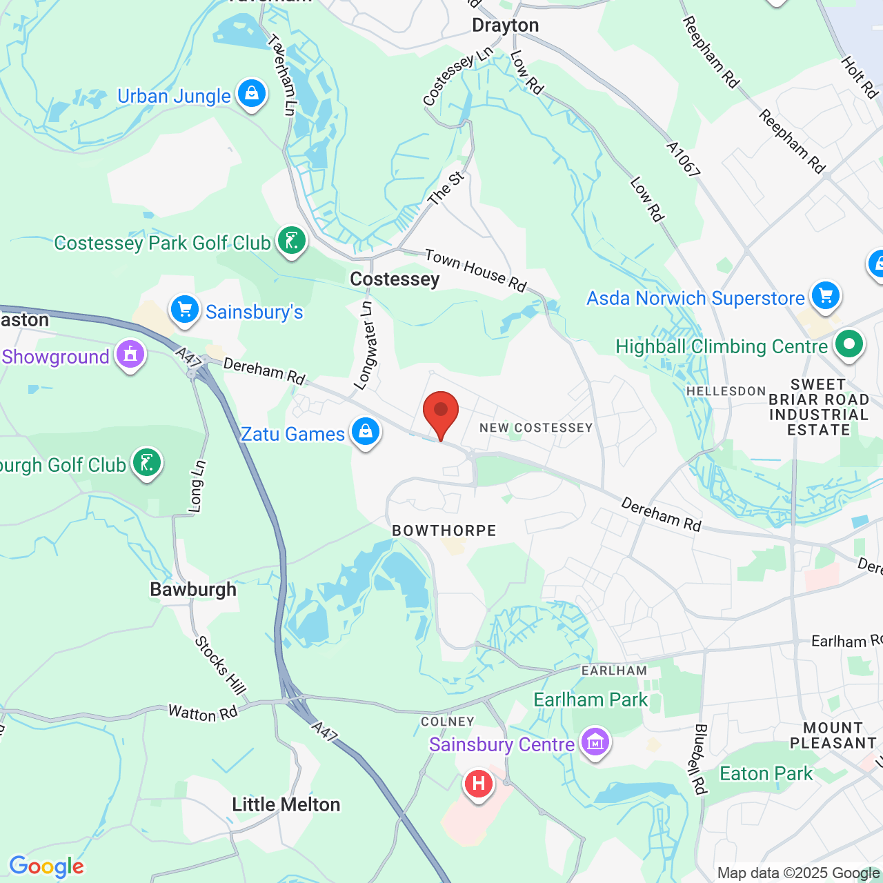 Map showing location of Dereham Road, Norwich, United Kingdom, NR5