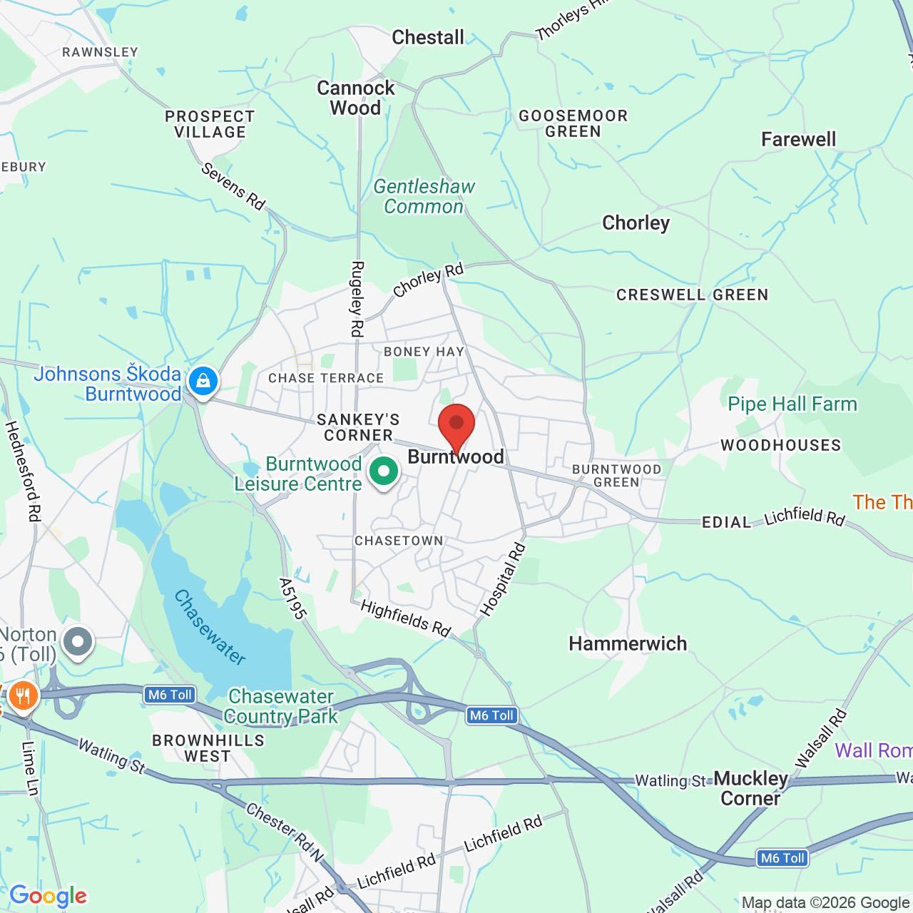Map showing location of Unit 1, Chase Retail Park, Burntwood Business Park, Zone 3, Robins Road, Burntwood, United Kingdom, WS7 3FX