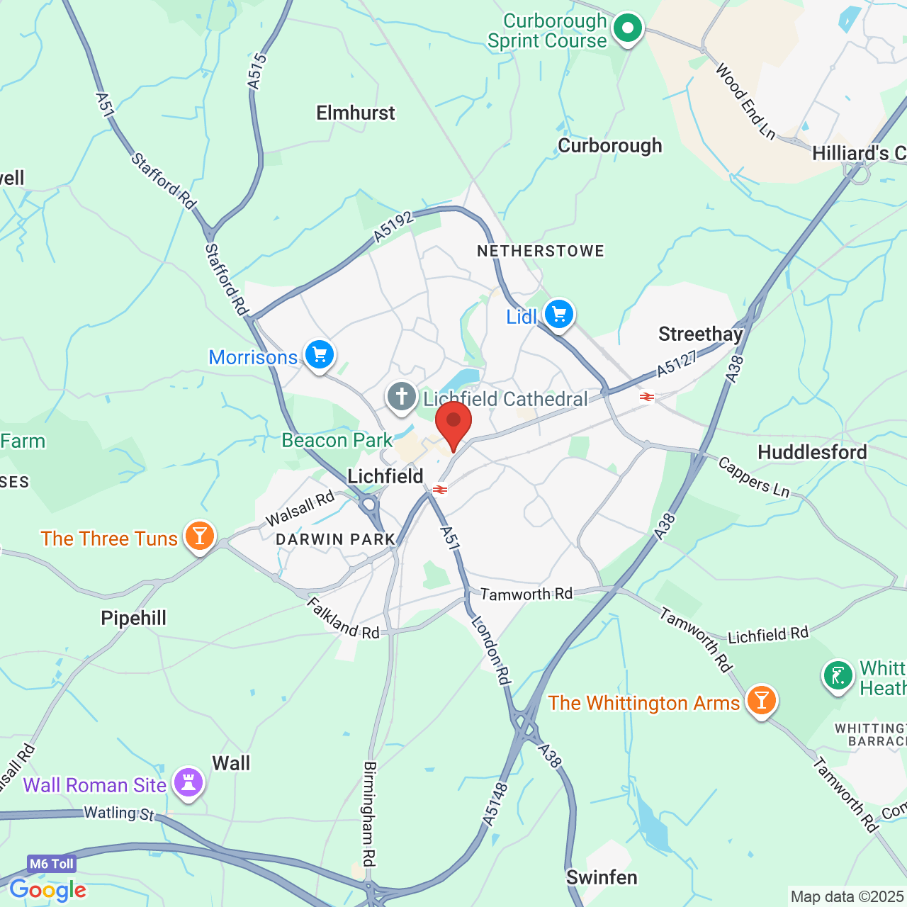 Map showing location of Spires Shopping Centre, Lichfield, United Kingdom, WS13 6JF