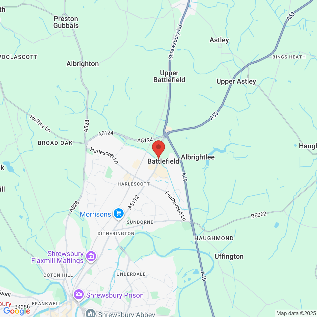 Map showing location of Battlefield Rd, Shrewsbury, United Kingdom, SY1 4AB