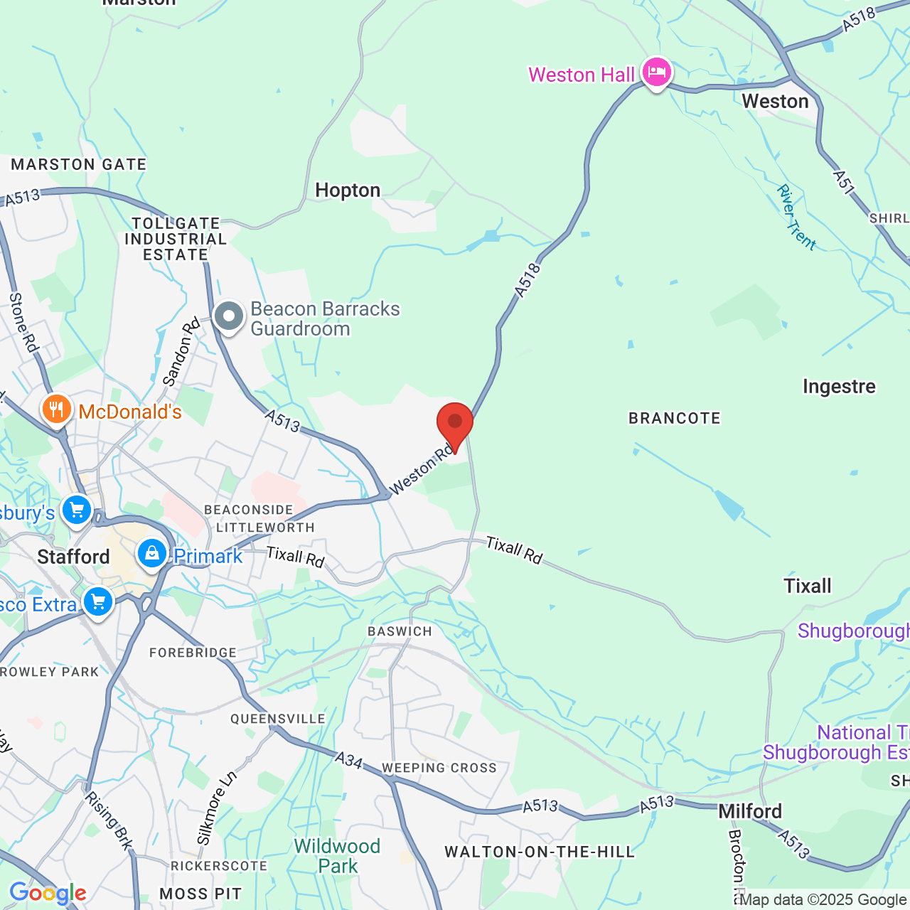 Map showing location of Beacon Business Park, Stafford, United Kingdom, ST18 0YG