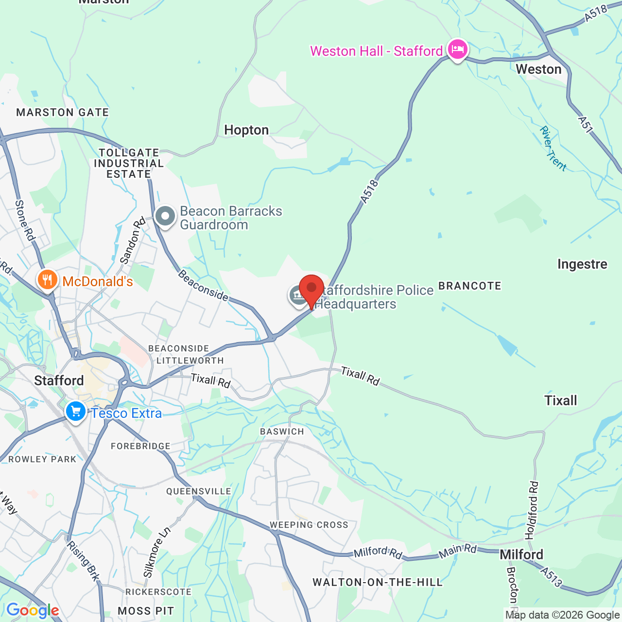 Map showing location of Beacon Business Partk, Stafford, United Kingdom, ST18 0YG