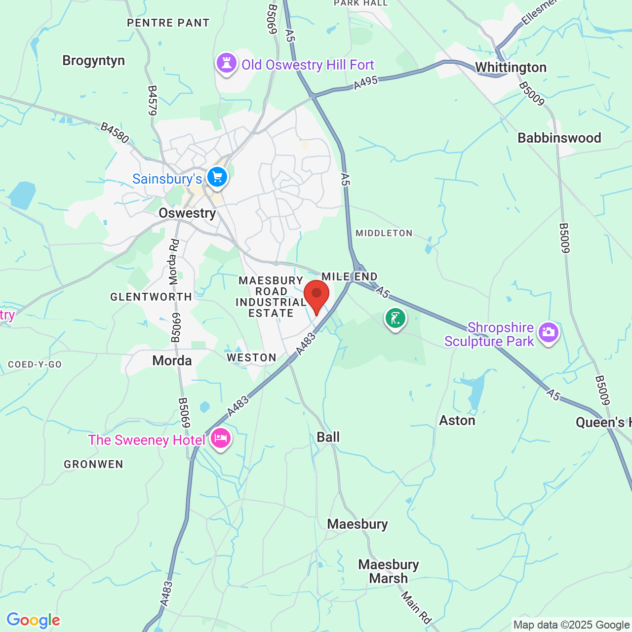 Map showing location of Maes-Y-Clawdd, Maesbury Road Industrial Estate, Oswestry, United Kingdom, SY10 8NN