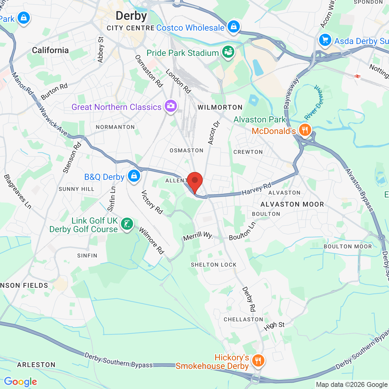 Map showing location of Derby, United Kingdom, DE24
