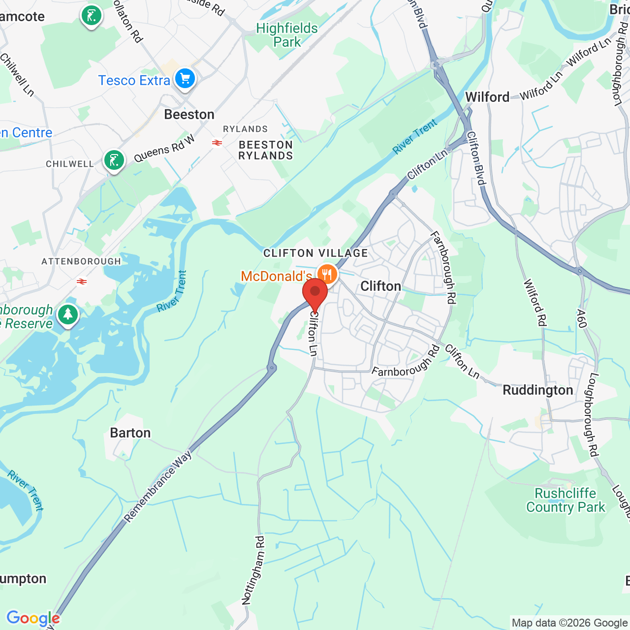 Map showing location of Clifton Ln, Clifton, Nottingham, United Kingdom, NG11 8NA