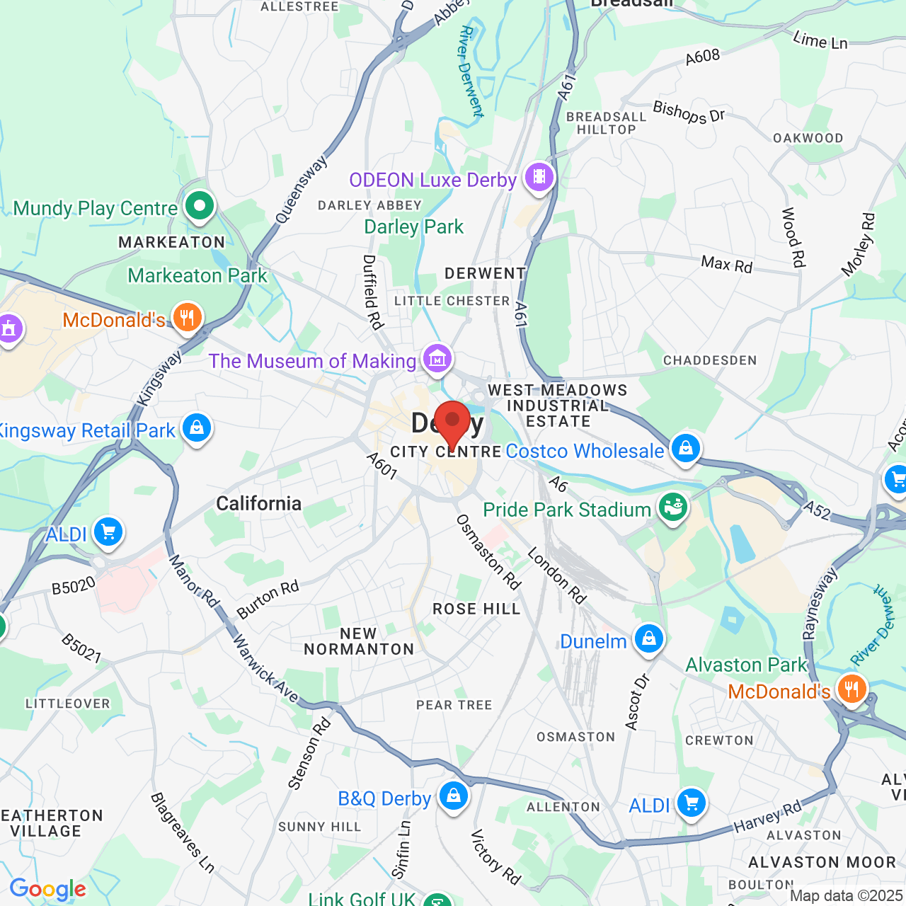 Map showing location of Derby, United Kingdom, DE1 2PQ
