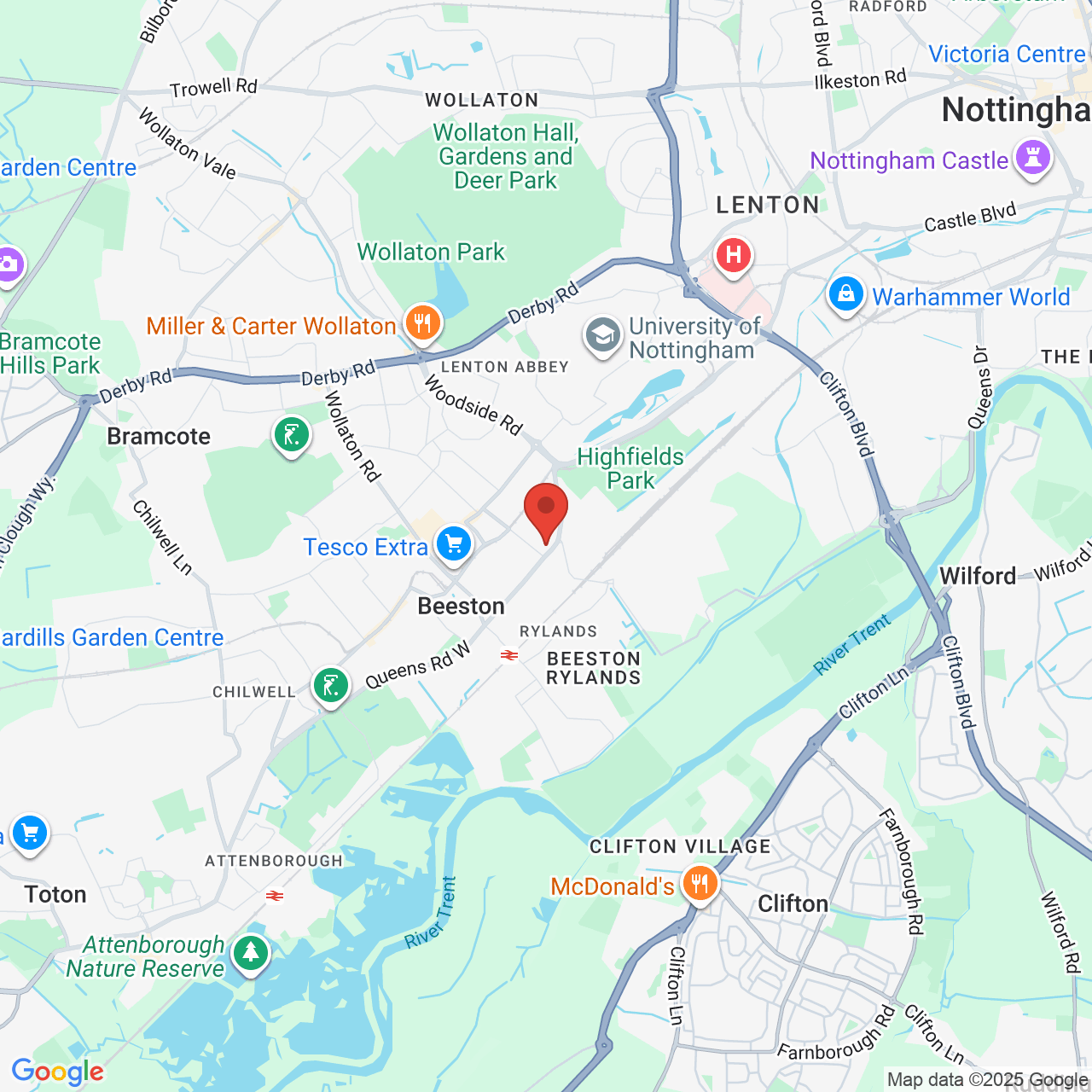 Map showing location of Queens Road East, Beeston, United Kingdom, NG9 2FD