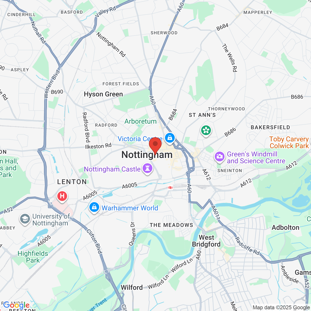 Map showing location of 53 Long Row W, Nottingham, United Kingdom, NG1 6JB