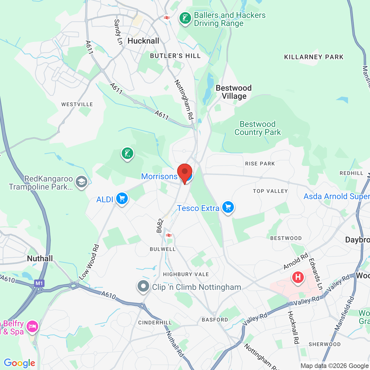 Map showing location of Springfield Retail Park, Hucknall Ln, Bulwell, United Kingdom, NG6 8AJ