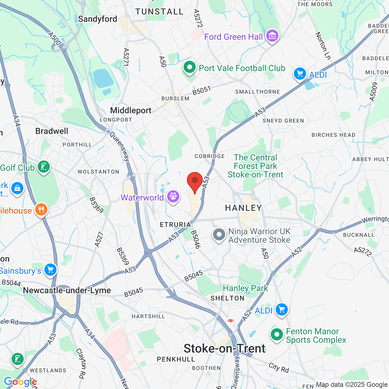 Map showing location of Festival Park, Greyhound Way, Festival Heights, Hanley, Stoke-on-Trent, United Kingdom, ST1 5NZ