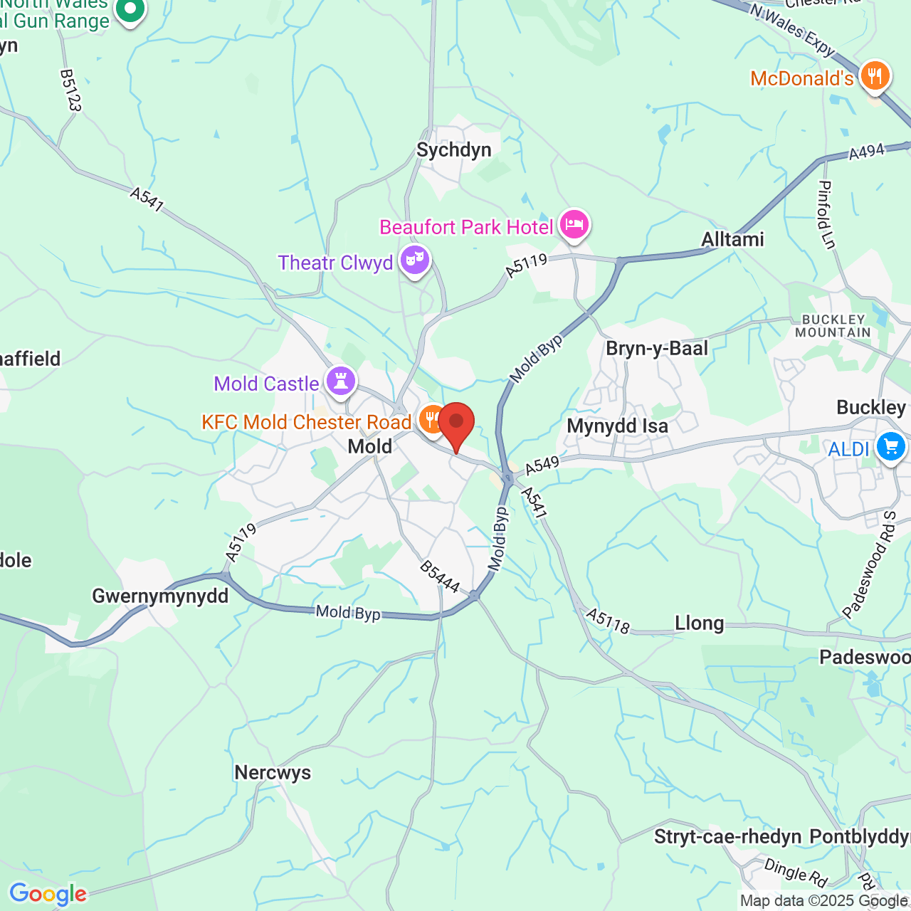 Map showing location of Chester Road, Mold, United Kingdom, CH1 1UF