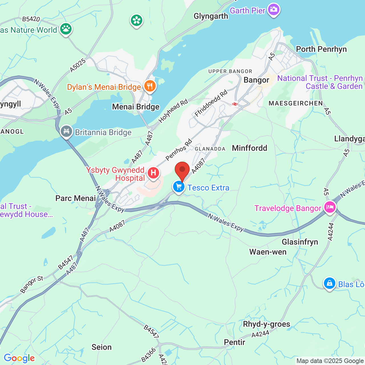 Map showing location of Caernarfon Road, Bangor, United Kingdom, LL57 4SU